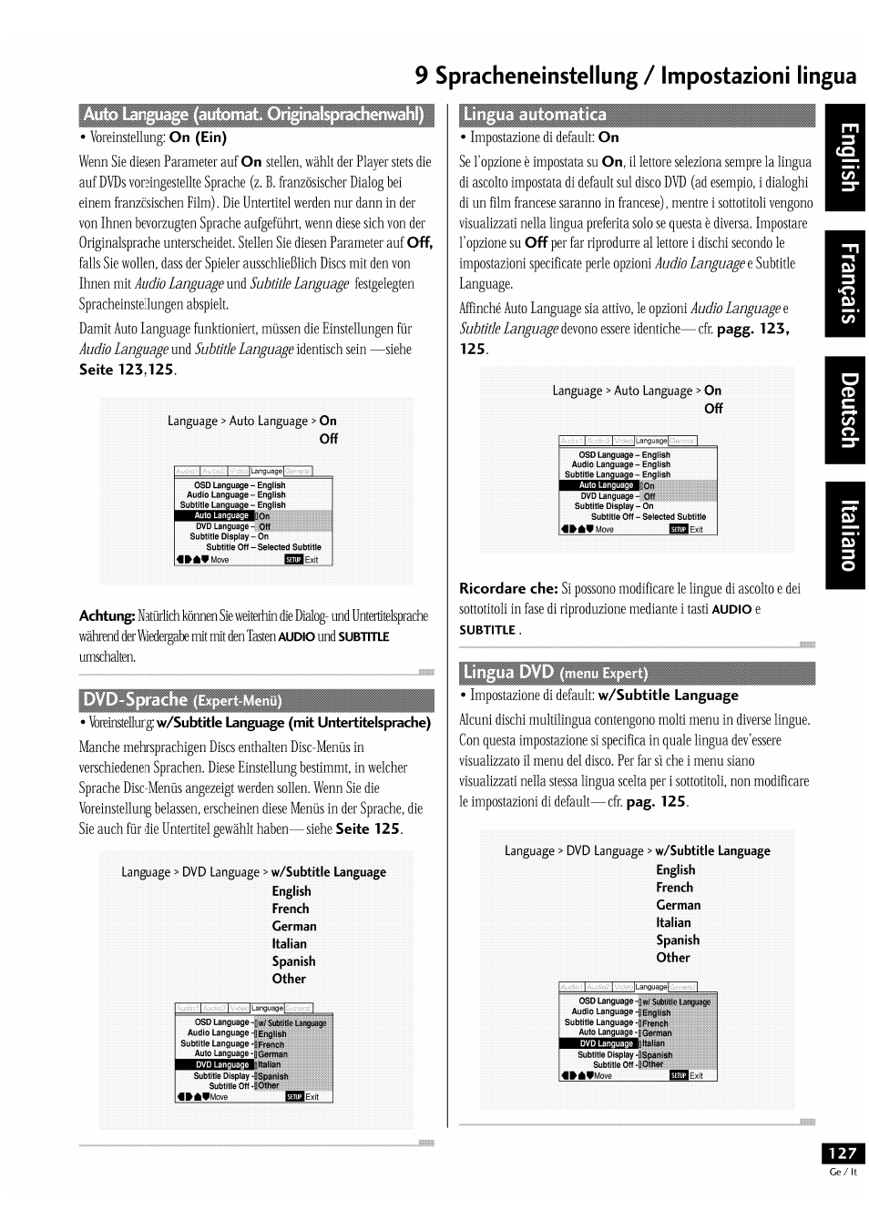 9 spracheneinstellung / impostazioni lingua, Ejtqleisilqon | Pioneer DV-939A User Manual | Page 127 / 168