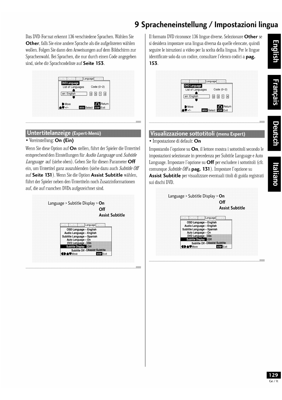 9 spracheneinstellung / impostazioni lingua, I hi e] i, U § h | Pioneer DV-939A User Manual | Page 129 / 168