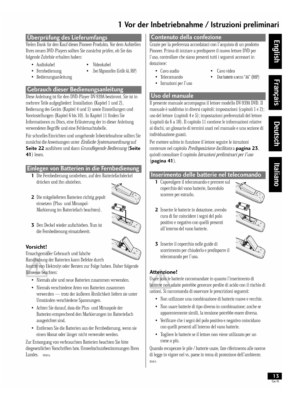 1 vor der inbetriebnahme / istruzioni preliminari | Pioneer DV-939A User Manual | Page 13 / 168