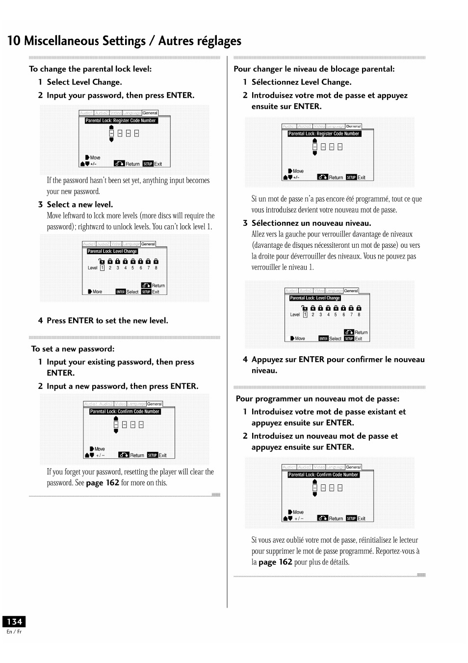 10 miscellaneous settings / autres réglages, B b b b, 3 select a new level | Page 162, 3 sélectionnez un nouveau niveau | Pioneer DV-939A User Manual | Page 134 / 168