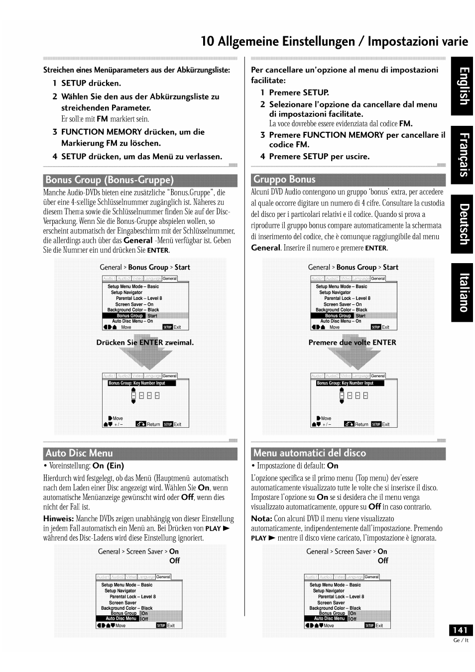 B b b b, General, Drücken sie | On (ein), Hinweis, General > screen saver, Premere, Nota | Pioneer DV-939A User Manual | Page 141 / 168