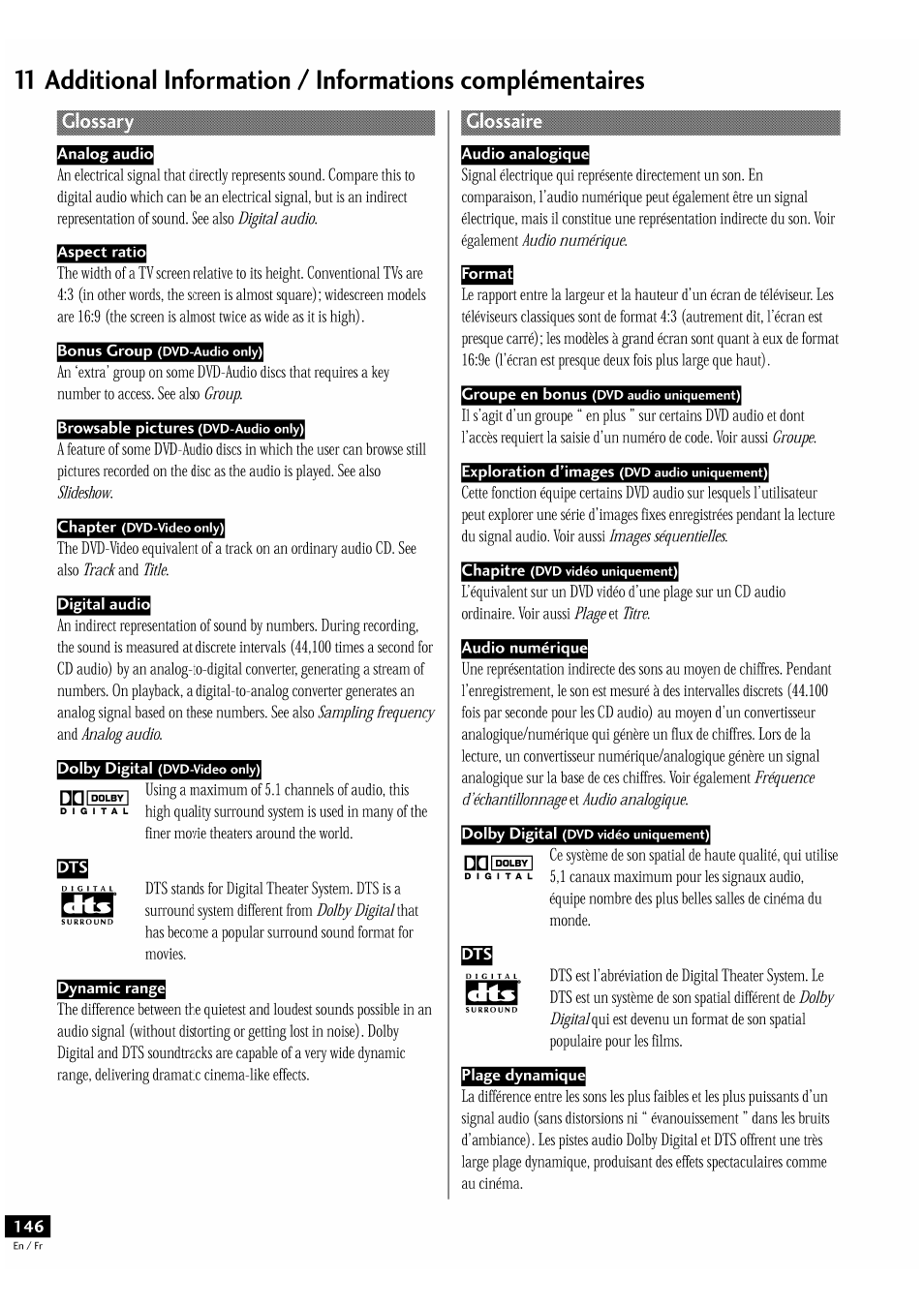 Aspect ratio, Digital audio, Dynamic range | Audio analogique, Format, Audio numérique, Plage dynamique | Pioneer DV-939A User Manual | Page 146 / 168