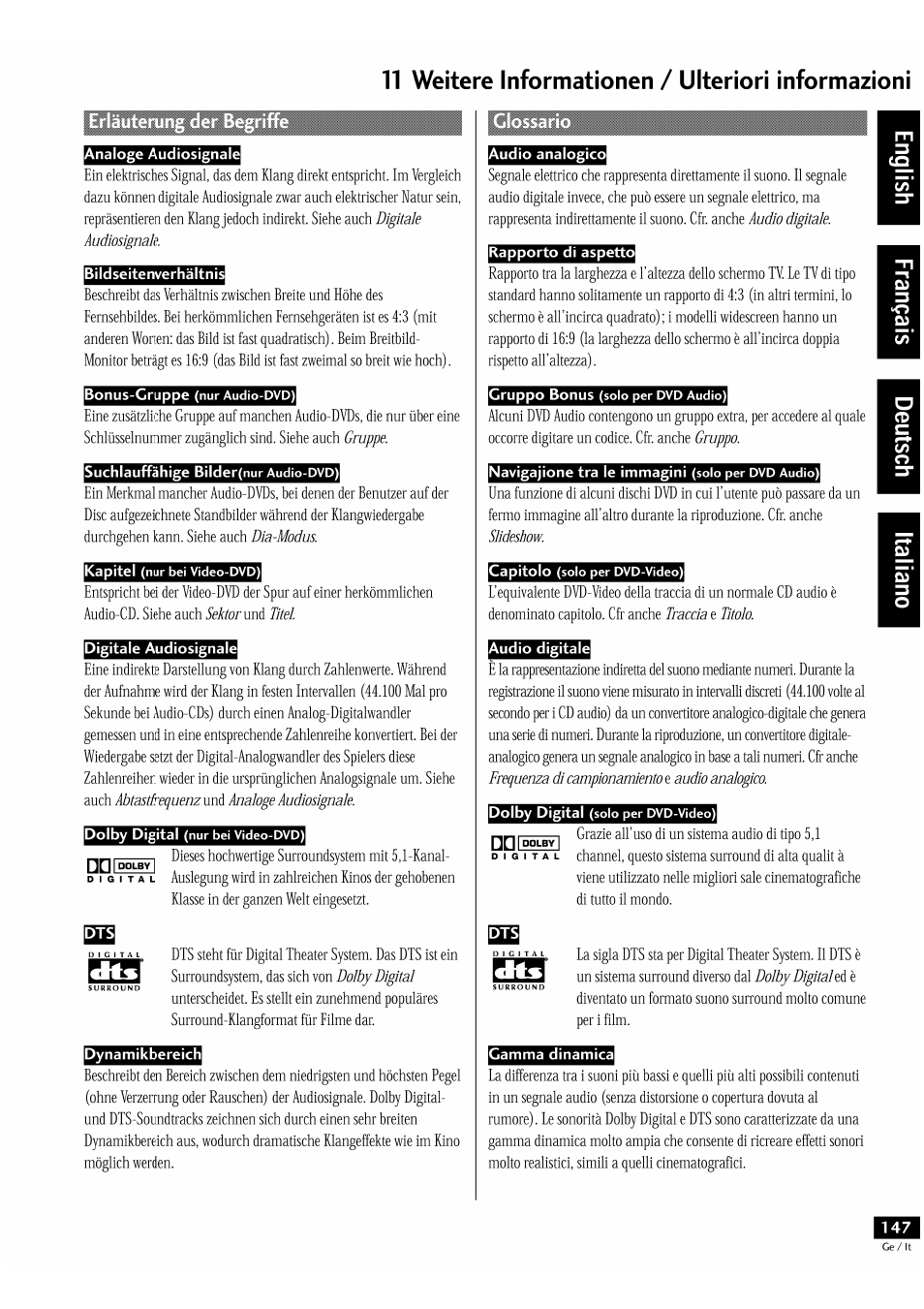 Analoge audiosignale, Bildseitenverhältnis, Digitale audiosignale | Dynamikbereich, Rapporto di aspetto, Camma dinamica, T1 weitere informationen / ulteriori informazioni | Pioneer DV-939A User Manual | Page 147 / 168
