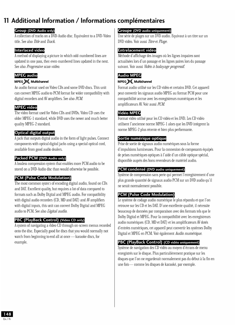 Mpeg video, Pcm (pulse code modulation), Entrelacement vidéo | Audio mpeg, Vidéo mpeg, Sortie numérique optique | Pioneer DV-939A User Manual | Page 148 / 168
