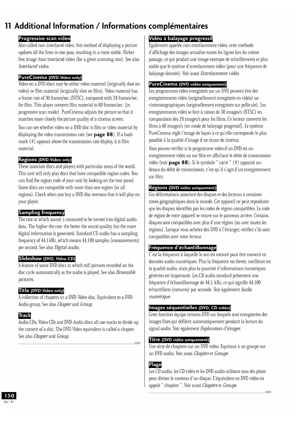 Progressive scan video, Fréquence d'échantillonnage, Plage | Pioneer DV-939A User Manual | Page 150 / 168