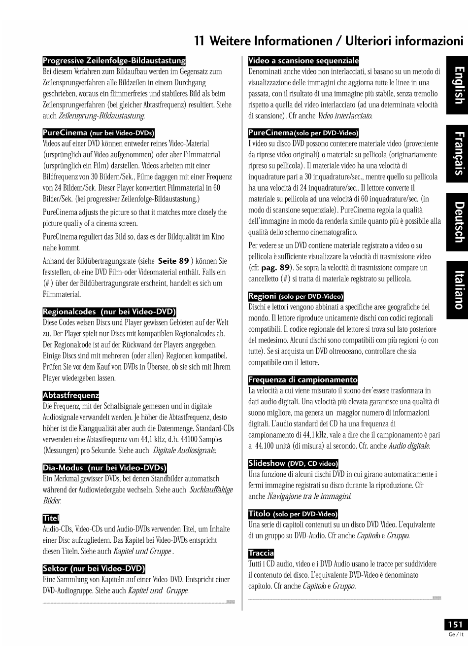 Progressive zeilenfolge-bildaustastung, Abtastfrequenz, Dia-modus (nur bei video-dvds) | Sektor (nur bei video-dvd), Frequenza di campionamento, Traccia, T1 weitere informationen / ulteriori informazioni | Pioneer DV-939A User Manual | Page 151 / 168