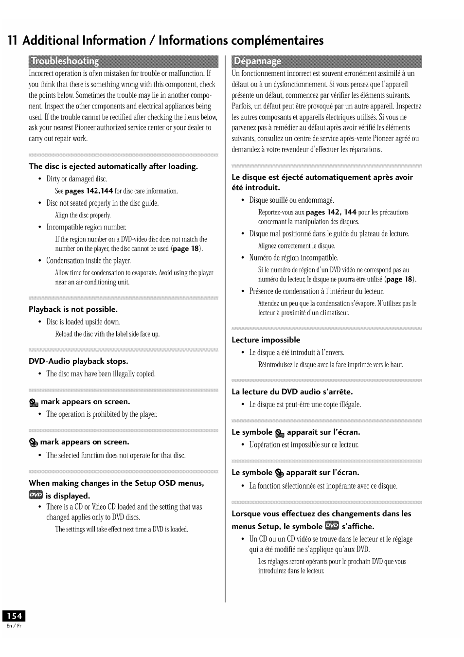 The disc is ejected automatically after loading, Playback is not possible, Dvd-audio playback stops | Mark appears on screen, Lecture impossible, La lecture du dvd audio s'arrête, Le symbole ^ apparaît sur l'écran | Pioneer DV-939A User Manual | Page 154 / 168