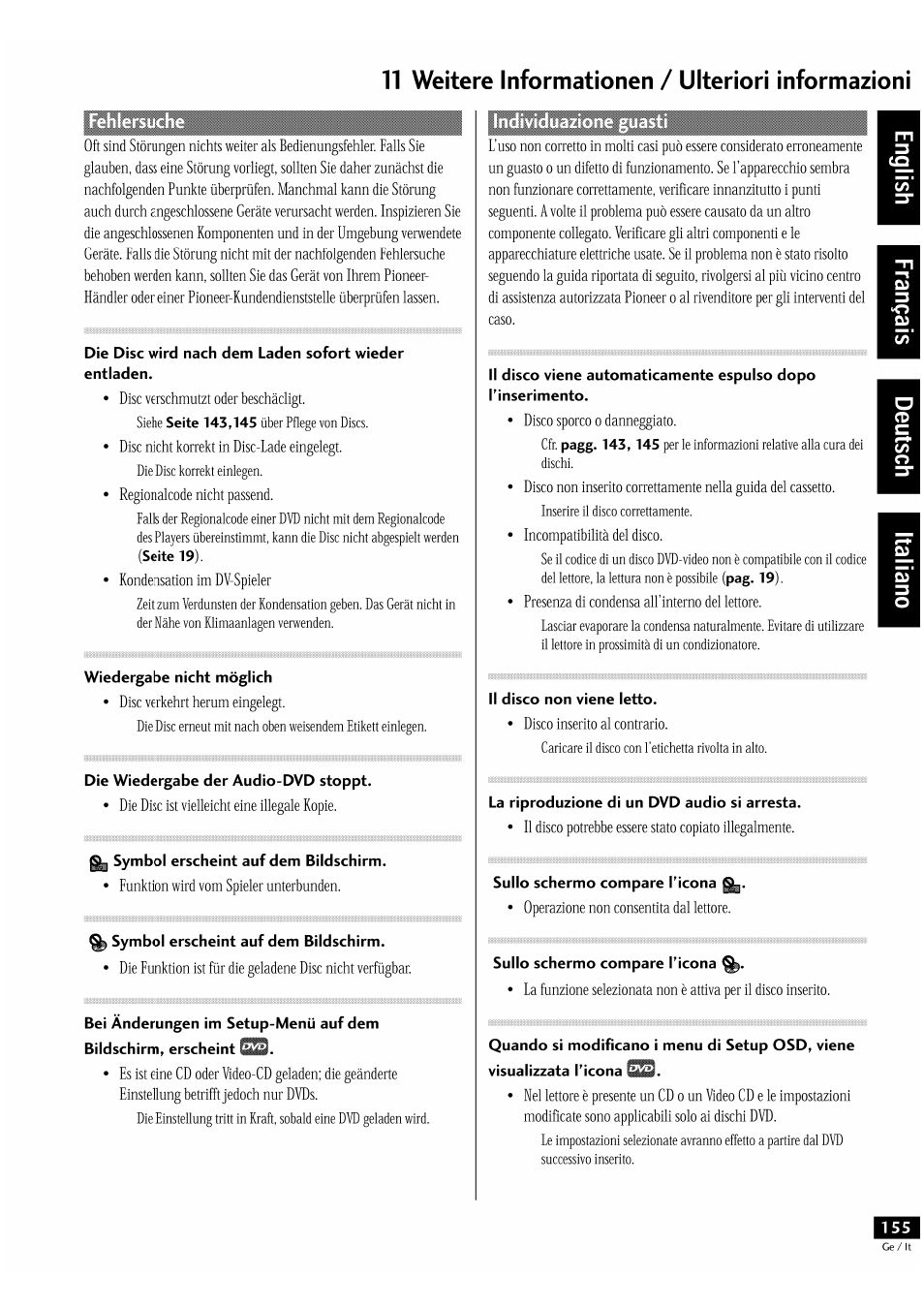 Wiedergabe nicht möglich, Die wiedergabe der audio-dvd stoppt, Symbol erscheint auf dem bildschirm | Il disco non viene letto, La riproduzione di un dvd audio si arresta, Sullo schermo compare l'icona, T1 weitere informationen / ulteriori informazioni | Pioneer DV-939A User Manual | Page 155 / 168