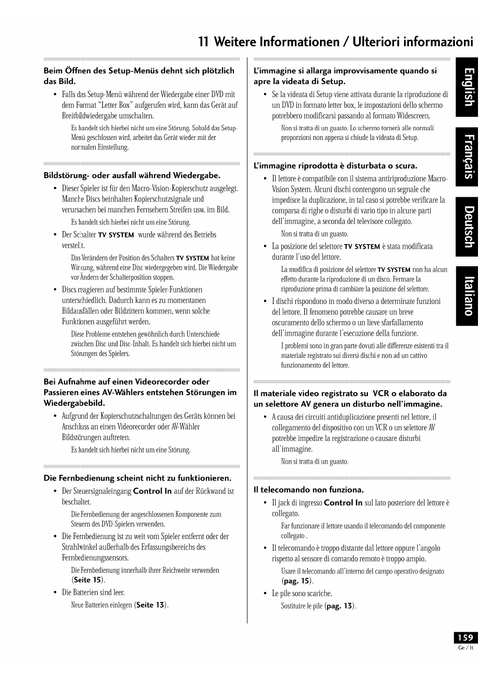 Bildstörung- oder ausfall während wiedergabe, Die fernbedienung scheint nicht zu funktionieren, Limmagine riprodotta è disturbata o scura | Il telecomando non funziona, T1 weitere informationen / ulteriori informazioni | Pioneer DV-939A User Manual | Page 159 / 168