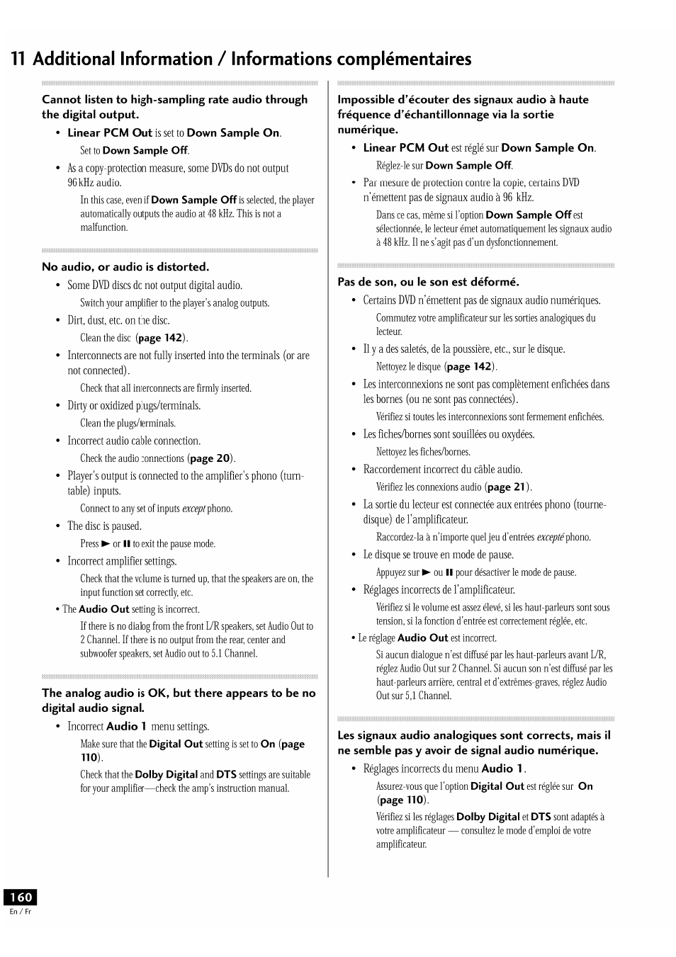No audio, or audio is distorted, Pas de son, ou le son est déformé | Pioneer DV-939A User Manual | Page 160 / 168