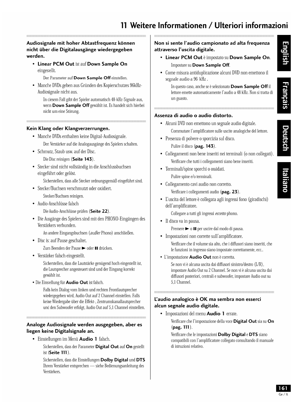 Kein klang oder klangverzerrungen, Assenza di audio o audio distorto, T1 weitere informationen / ulteriori informazioni | Pioneer DV-939A User Manual | Page 161 / 168