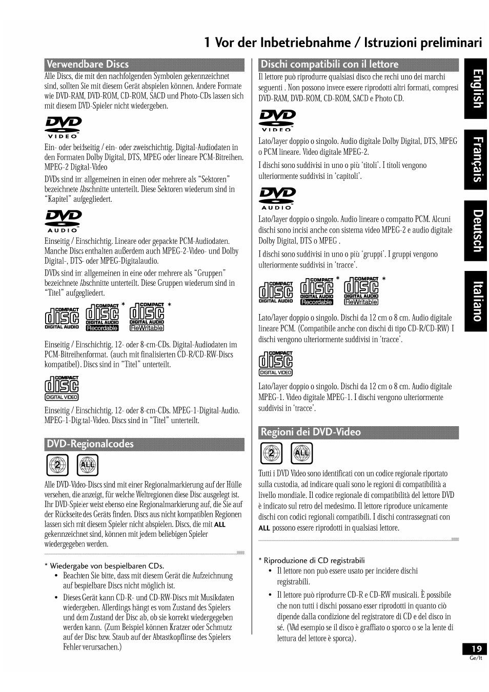 1 vor der inbetriebnahme / istruzioni preliminari, Lolngjia, Nünü dog® idge | Foingig, Inh ési, Iqse | Pioneer DV-939A User Manual | Page 19 / 168