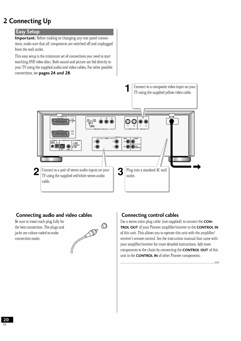 2 connecting up, Connecting audio and video cables, Connecting control cables | Connecting, Important, Pages 24 and 28 | Pioneer DV-939A User Manual | Page 20 / 168