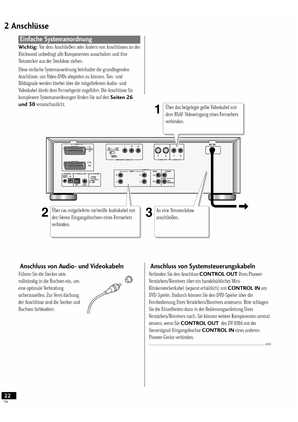 2 anschlüsse, Anschluss von audio- und videokabeln, Anschluss von systemsteuerungskabeln | Pioneer DV-939A User Manual | Page 22 / 168