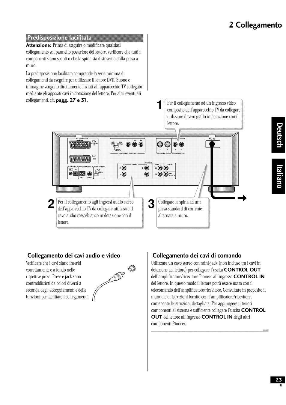 2 collegamento, Collegamento dei cavi audio e video, Collegamento dei cavi di comando | Pioneer DV-939A User Manual | Page 23 / 168