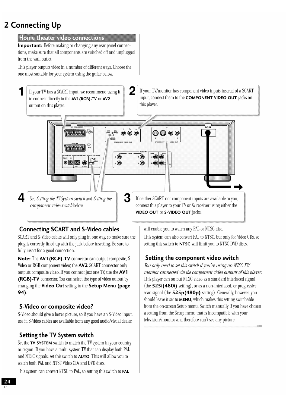 2 connecting up, Connecting scart and s-video cables, S-video or composite video | Setting the tv system switch, Setting the component video switch, Connecting | Pioneer DV-939A User Manual | Page 24 / 168