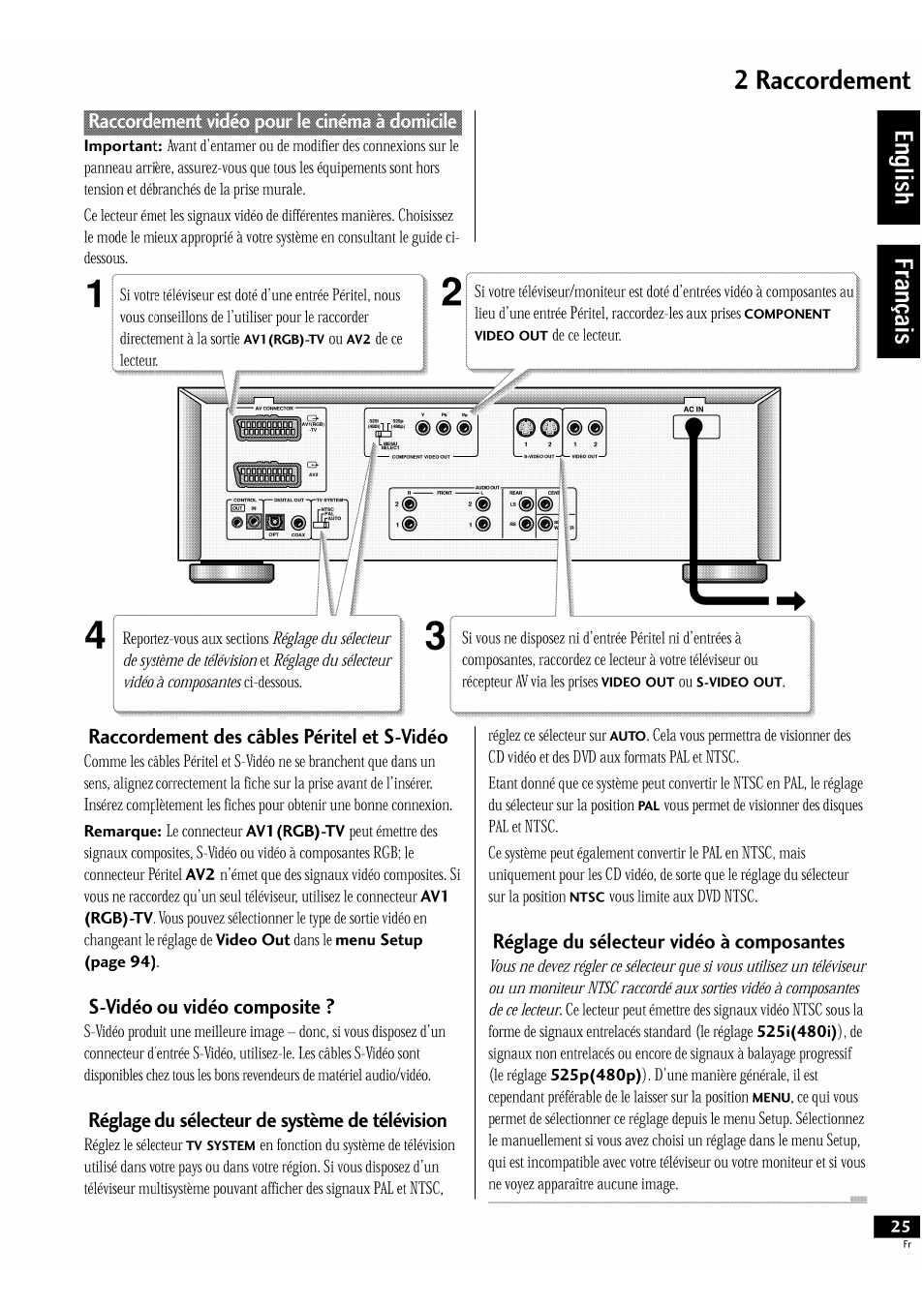 2 raccordement, Raccordement des câbles péritel et s-vidéo, S-vidéo ou vidéo composite | Réglage du sélecteur de système de télévision, Réglage du sélecteur vidéo à composantes, Esb iimei | Pioneer DV-939A User Manual | Page 25 / 168