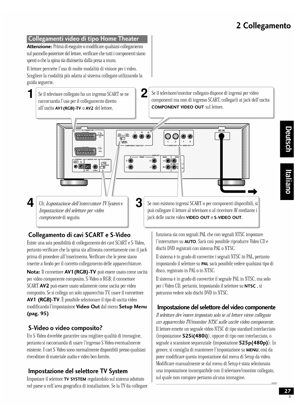 2 collegamento, Collegamento dì cavi scart e s-vìdeo, S-video o vìdeo composito | Impostazione del selettore tv system, Impostazione del selettore del video componente | Pioneer DV-939A User Manual | Page 27 / 168