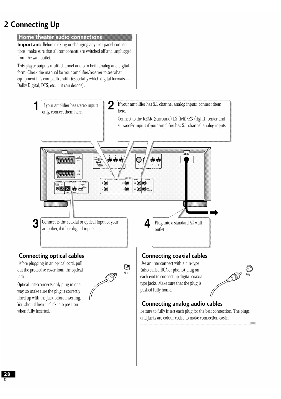 2 connecting up, Connecting optical cables, Connecting coaxial cables | Connecting analog audio cables, Connecting | Pioneer DV-939A User Manual | Page 28 / 168
