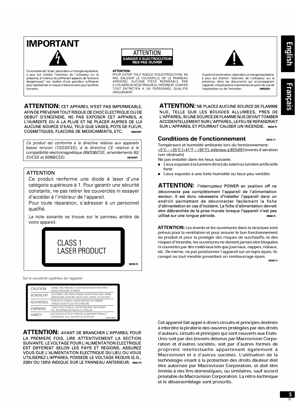 Conditions de fonctionnement h04sfr, Important, Laser product | N ass 1, Attention, Conditions de fonctionnement h | Pioneer DV-939A User Manual | Page 3 / 168