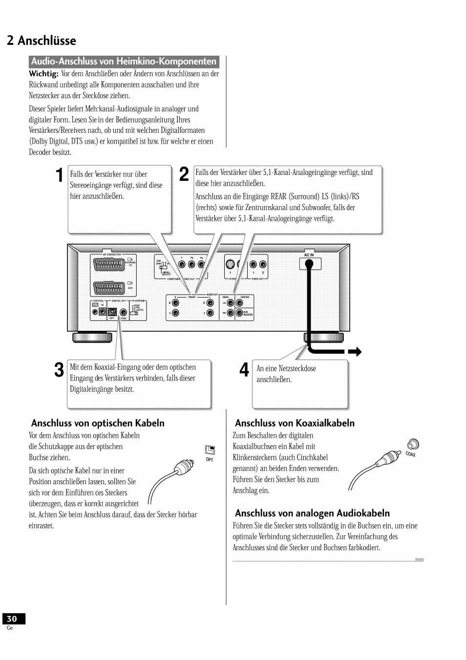 2 anschlüsse, Anschluss von optischen kabeln, Anschluss von koaxialkabeln | Anschluss von analogen audiokabeln | Pioneer DV-939A User Manual | Page 30 / 168