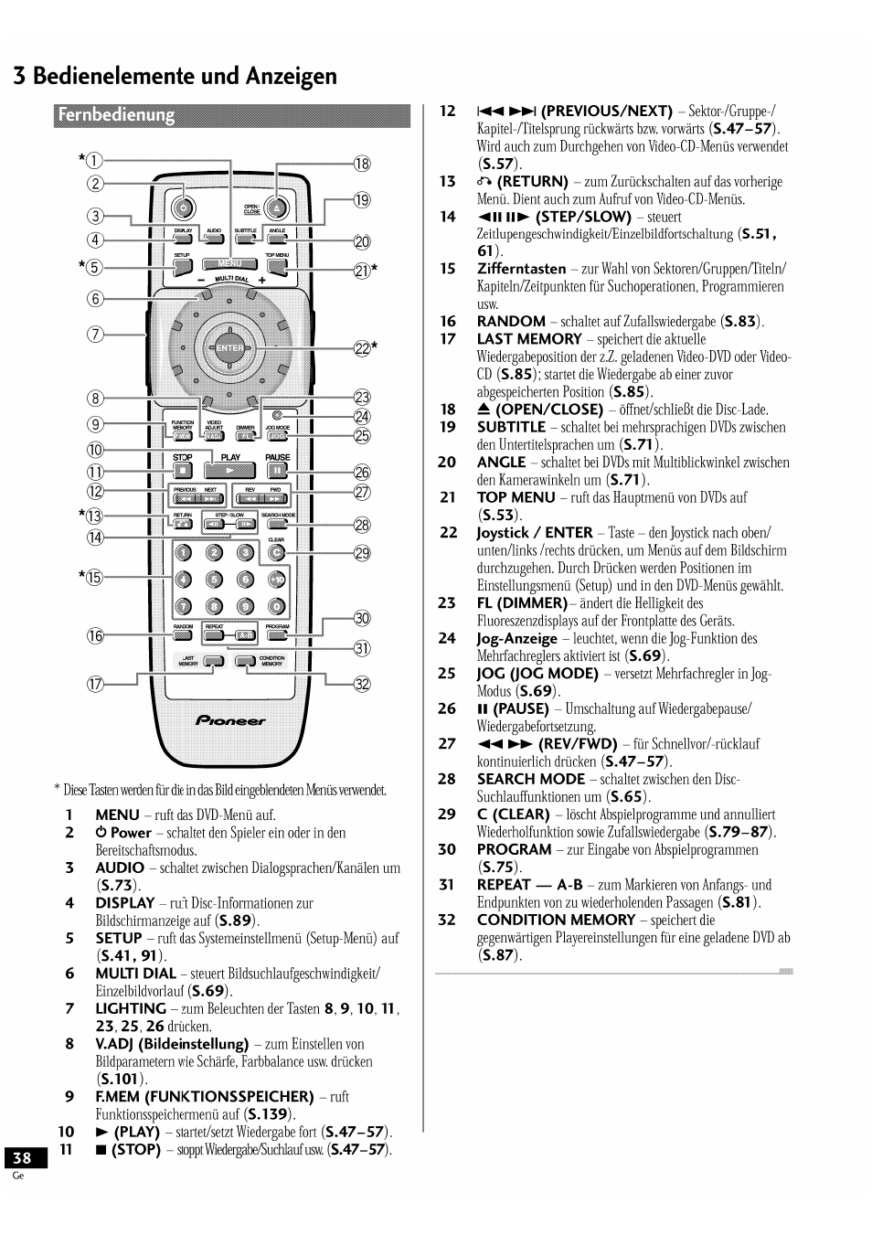 3 bedienelemente und anzeigen | Pioneer DV-939A User Manual | Page 38 / 168