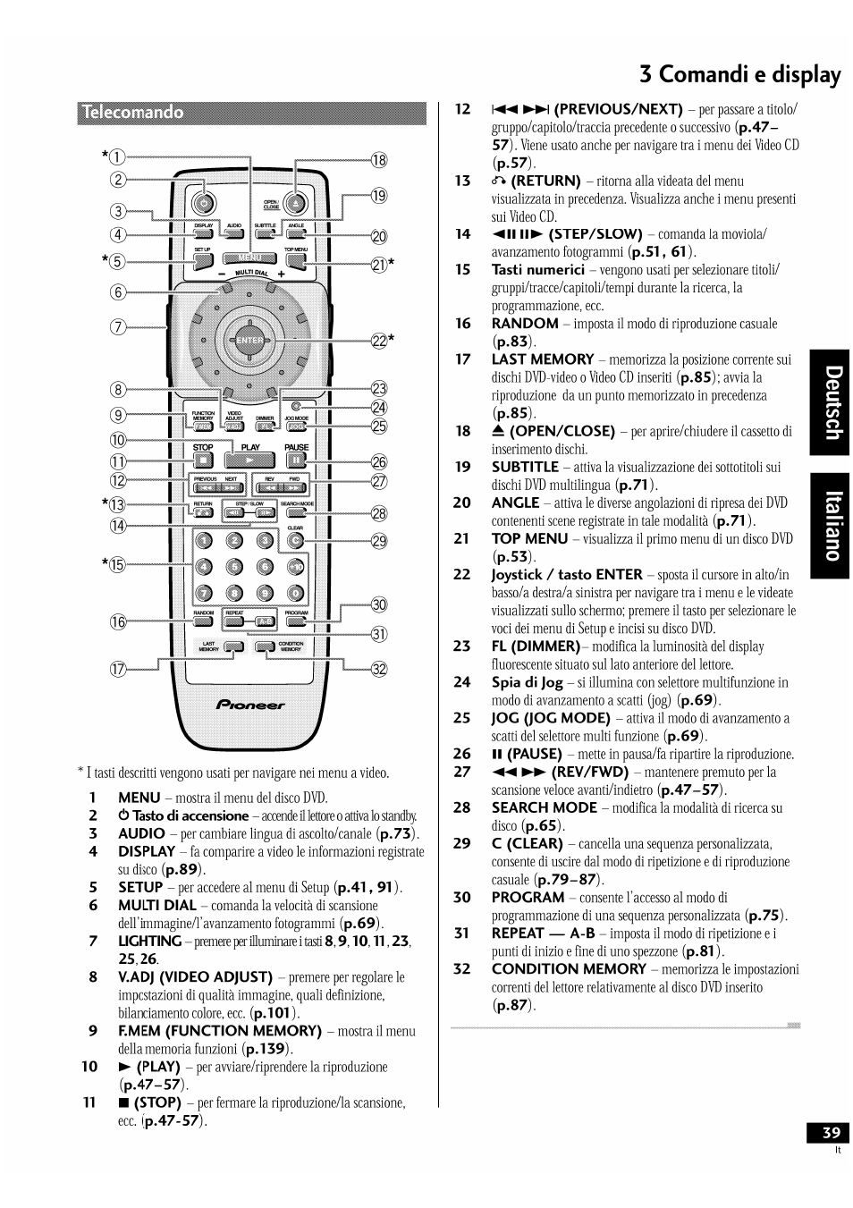 3 comandi e display | Pioneer DV-939A User Manual | Page 39 / 168