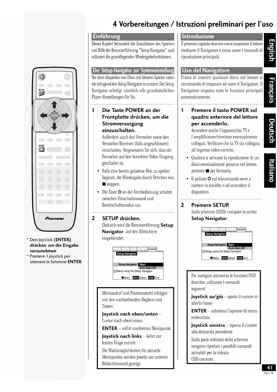 4 vorbereitungen / istruzioni preliminari per tuso | Pioneer DV-939A User Manual | Page 41 / 168