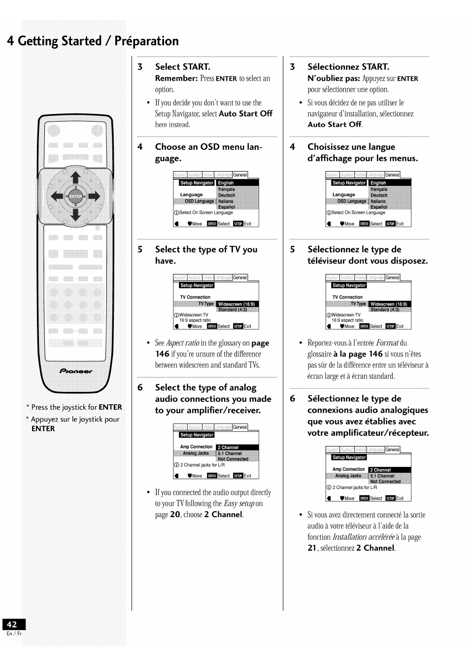 4 getting started / préparation, Auto start off, Choose an osd menu lan­ guage | 5 select the type of tv you have, Page 146, 2 channel. sélectionnez start. n’oubliez, À la page 146, 2 channel | Pioneer DV-939A User Manual | Page 42 / 168