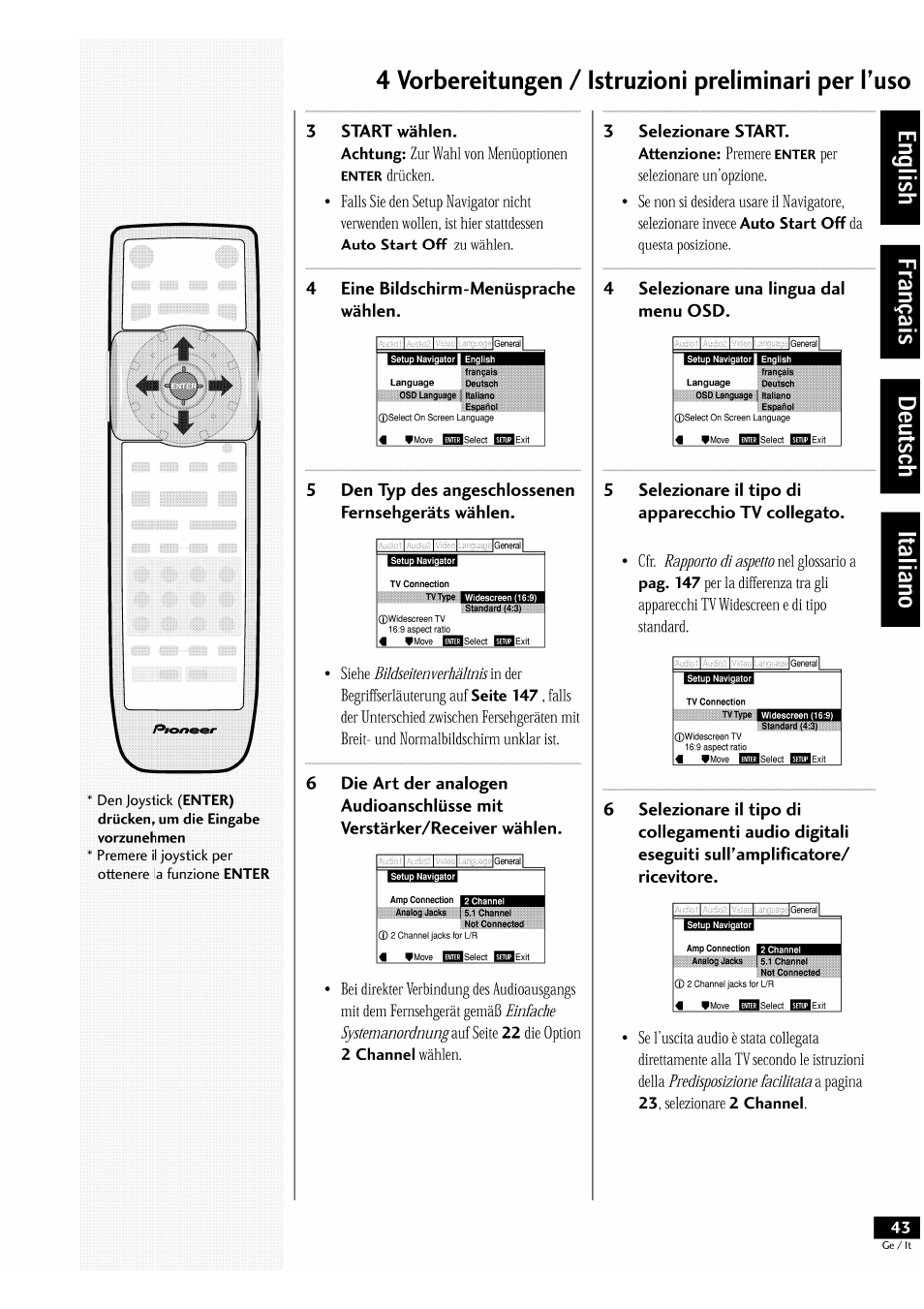 4 vorbereitungen / istruzioni preliminari per tuso, Den joystick, Premere il joystick per ottenere la funzione | 3start wählen. achtung, Auto start off, 4eine bildschirm-menüsprache wählen, Den typ des angeschlossenen fernsehgeräts wählen, Seite 147, 2 channel, 3selezionare start. attenzione | Pioneer DV-939A User Manual | Page 43 / 168