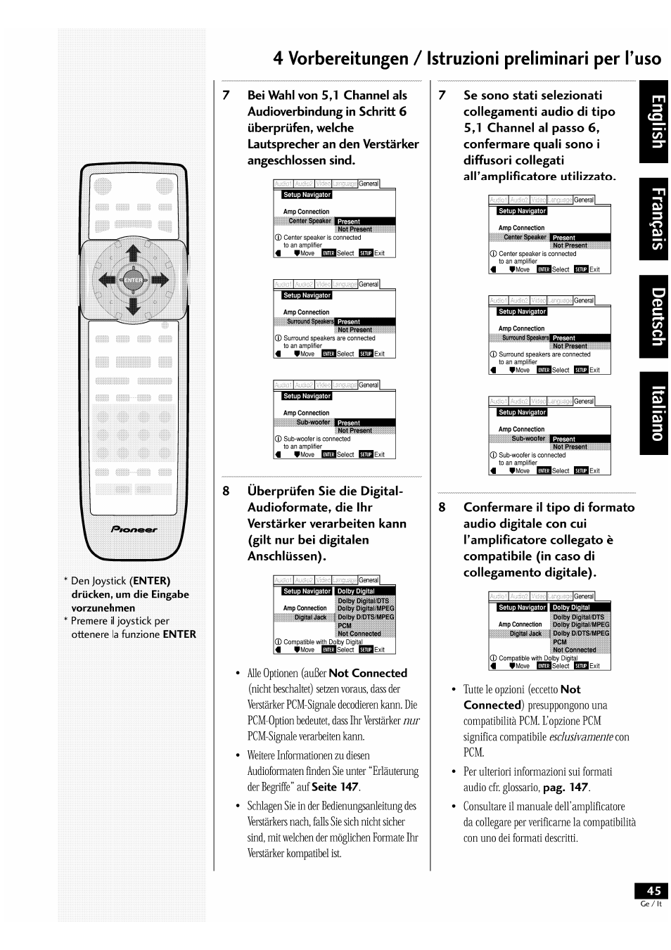 4 vorbereitungen / istruzioni preliminari per tuso, Den joystick, Premere il joystick per ottenere la funzione | Not connected, Seite 147, Not connected), Pag. 147 | Pioneer DV-939A User Manual | Page 45 / 168