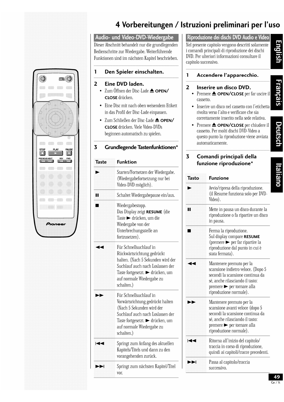Taste funktion, 4 vorbereitungen / istruzioni preliminari per tuso | Pioneer DV-939A User Manual | Page 49 / 168