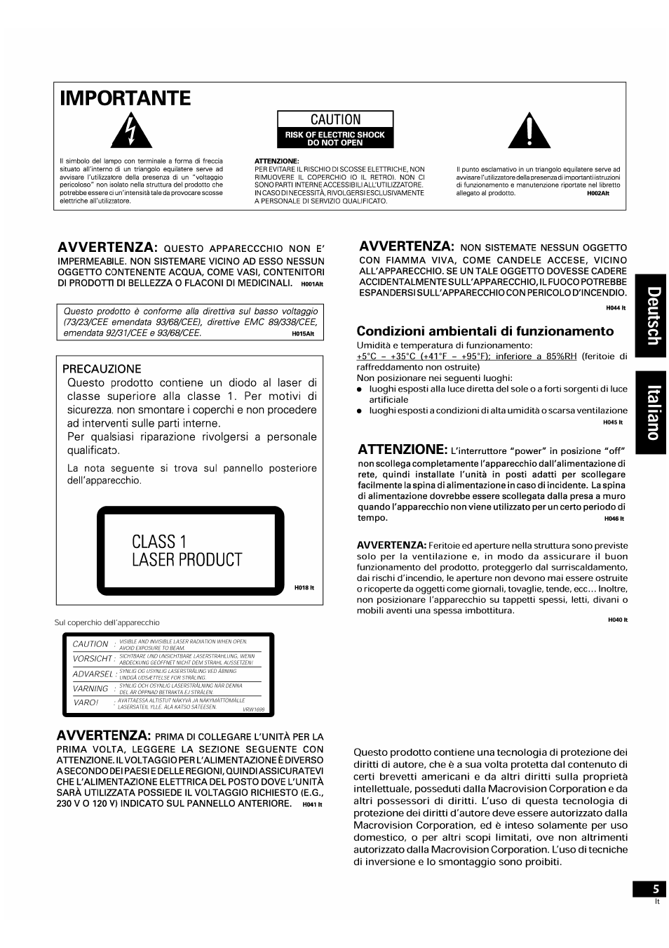 Condizioni ambientali di funzionamento, Importante, Laser product | N ass 1, Caution, Avvertenza, Attenzione | Pioneer DV-939A User Manual | Page 5 / 168