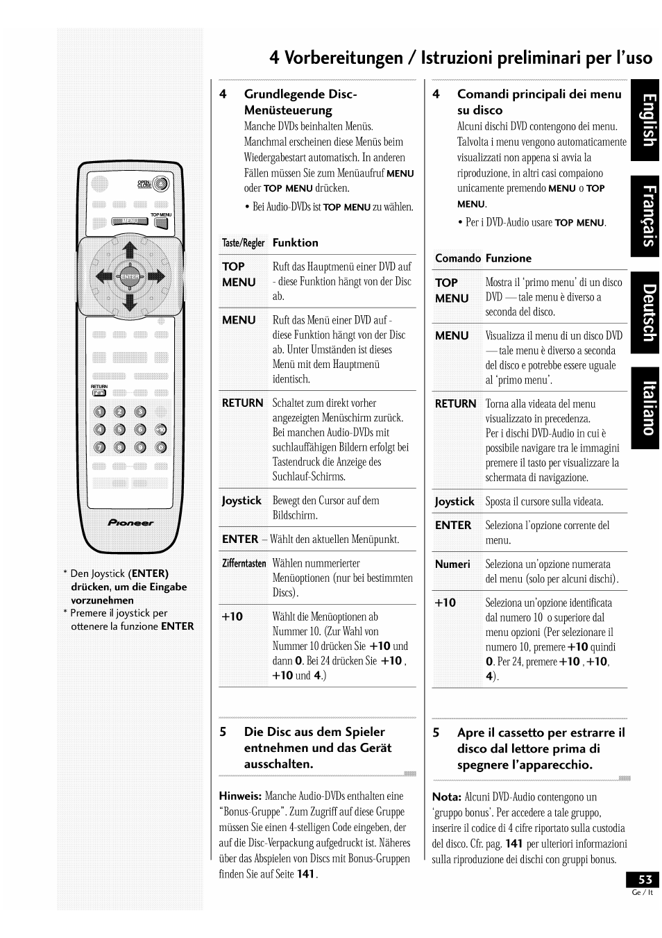 4 vorbereitungen / istruzioni preliminari per tuso | Pioneer DV-939A User Manual | Page 53 / 168