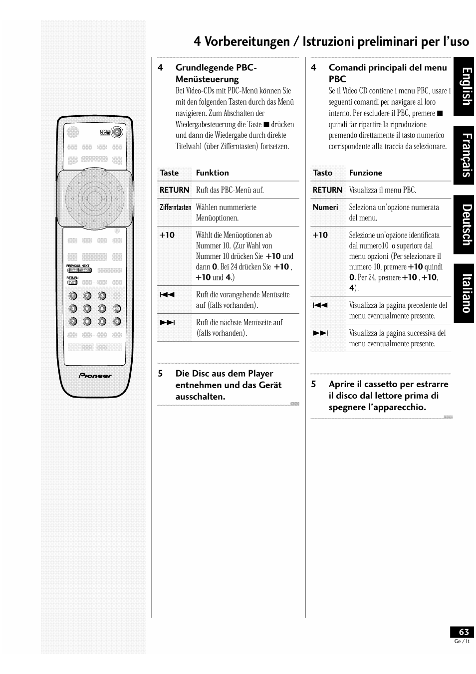 4 vorbereitungen / istruzioni preliminari per tuso | Pioneer DV-939A User Manual | Page 63 / 168