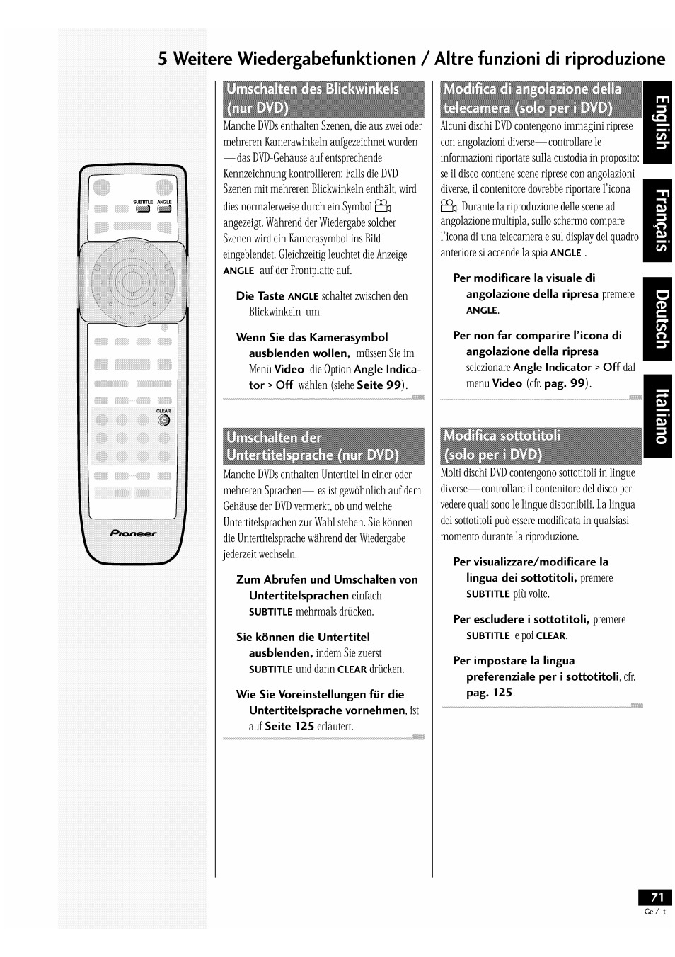 Per modificare la visuale di i, Per impostare la lingua | Pioneer DV-939A User Manual | Page 71 / 168