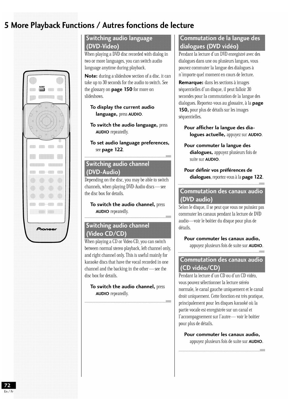 To display the current audio language, press audio, Pour commuter les canaux audio | Pioneer DV-939A User Manual | Page 72 / 168