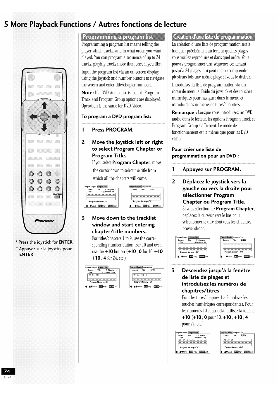 Program chapter, Remarque | Pioneer DV-939A User Manual | Page 74 / 168