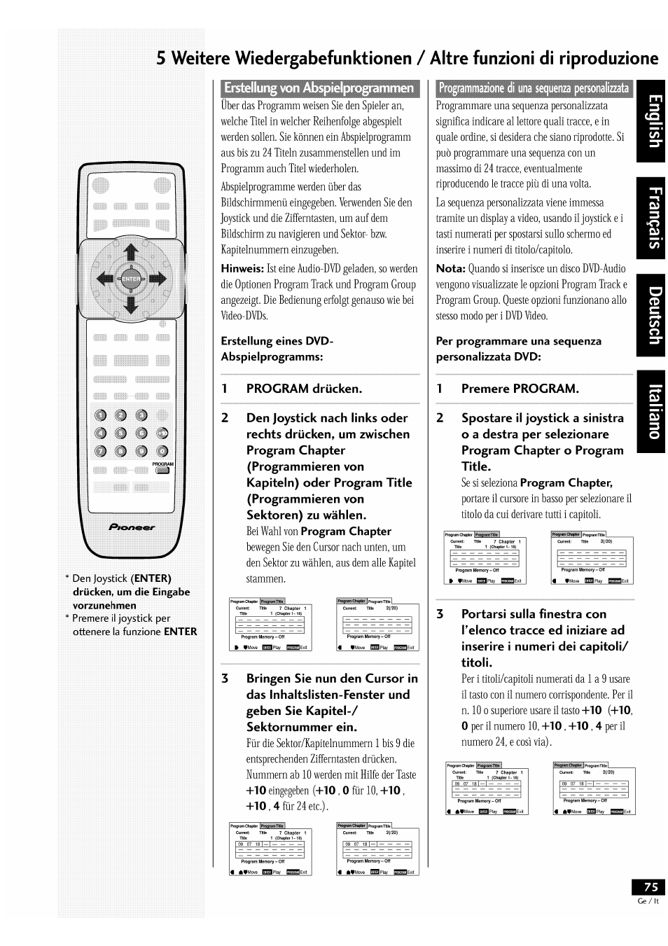 Erstellung eines dvd- abspielprogramms, Per programmare una sequenza personalizzata dvd, Den joystick | Premere ¡1 joystick per ottenere la funzione, Hinweis, Program chapter, Nota, H-10, -pio, 4 | Pioneer DV-939A User Manual | Page 75 / 168