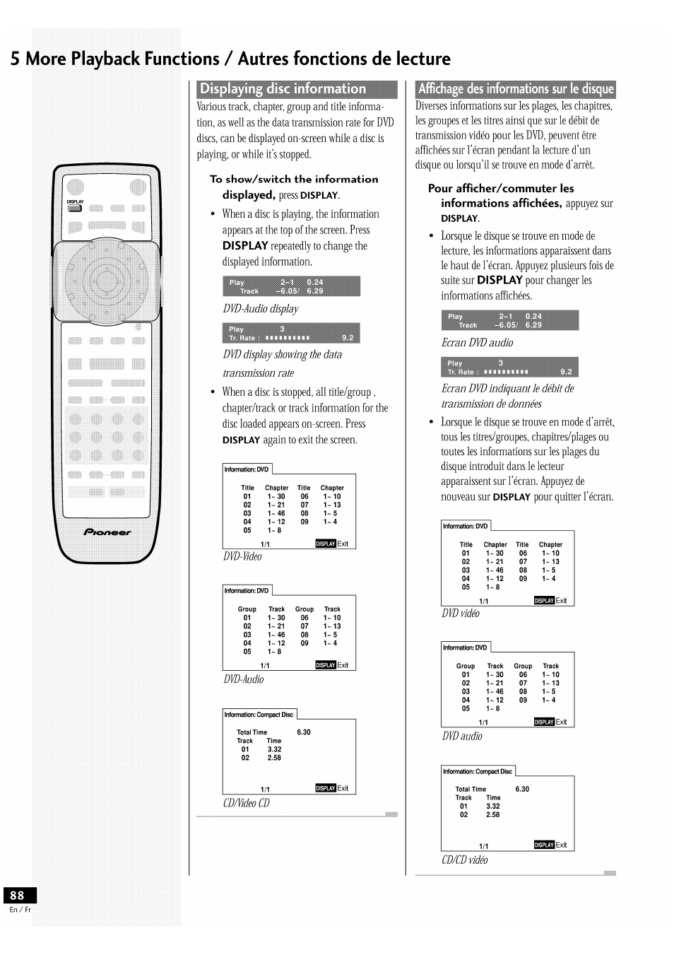 Pour afficher/commuter les, Pour afficher/commuter les informations affichées, Show/switch the information displayed | Display | Pioneer DV-939A User Manual | Page 88 / 168