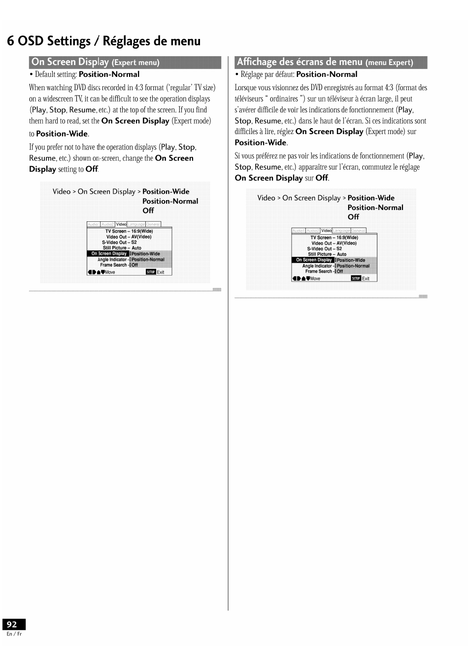 To position-wide, 6 osd settings / réglages de menu | Pioneer DV-939A User Manual | Page 92 / 168