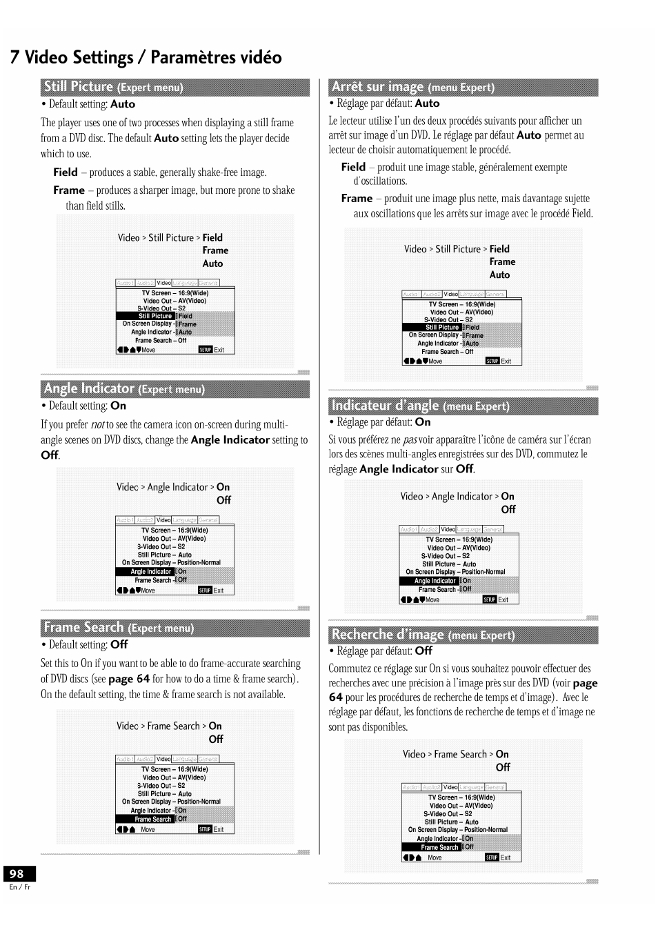 7 video settings / paramètres vidéo, Auto, Field | Frame, Angle indicator, On off, Page 64 | Pioneer DV-939A User Manual | Page 98 / 168