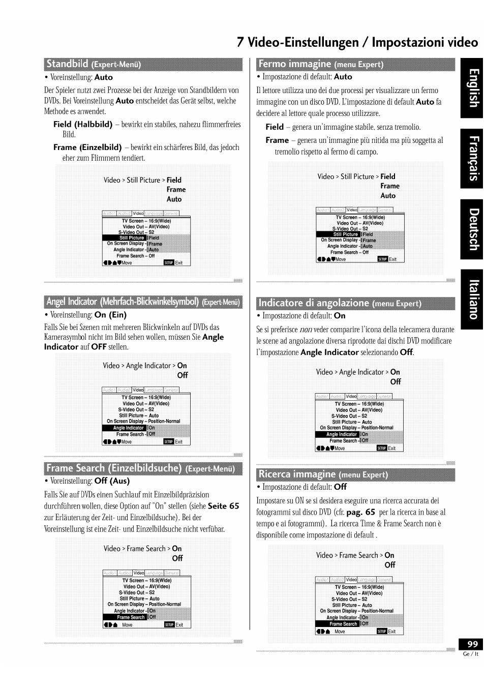 7 vìdeo-einstei i ungen / impostazioni vìdeo, Auto, Field (halbbild) | Frame (einzelbild), On (ein), Angle indicator, Off (aus), Seite 65, Field, Frame | Pioneer DV-939A User Manual | Page 99 / 168