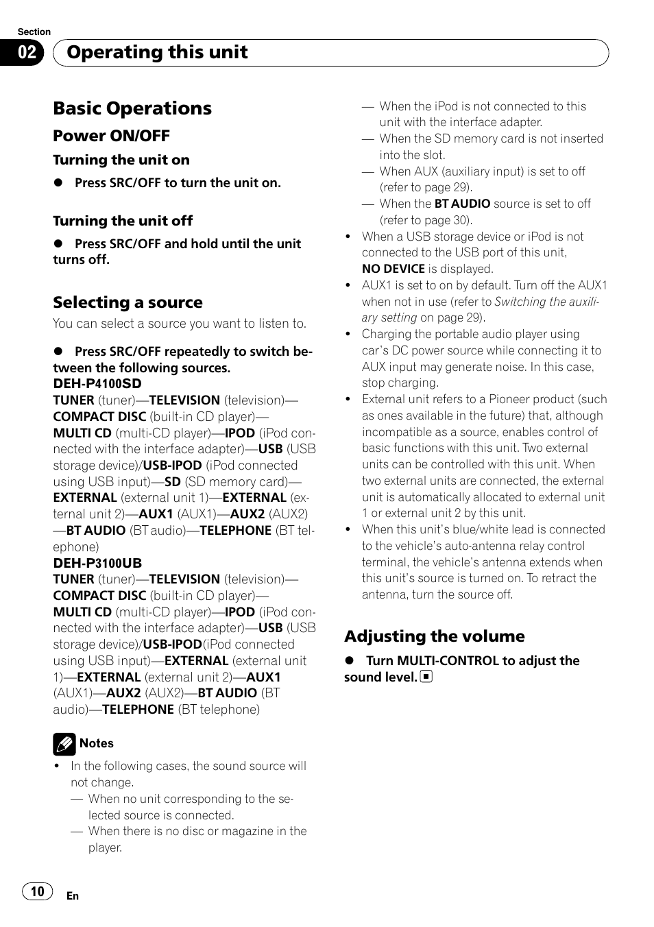 Basic operations, Power on/off 10, Selecting a source 10 | Adjusting the volume 10, Operating this unit, Power on/off, Selecting a source, Adjusting the volume | Pioneer DEH-P3100UB User Manual | Page 10 / 127