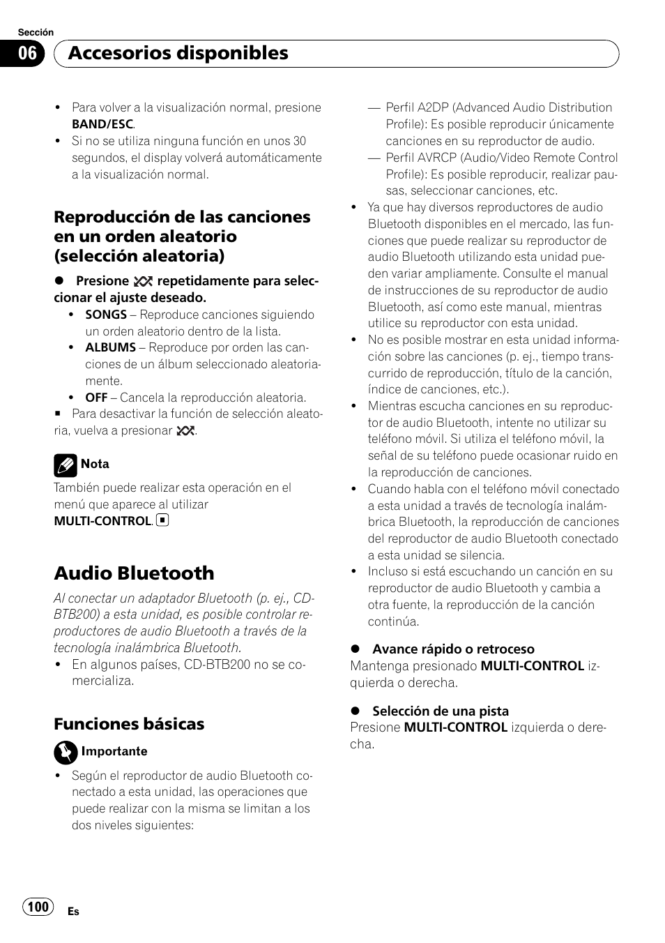 Reproducción de las canciones en un, Orden aleatorio (selección aleatoria), Audio bluetooth | Funciones básicas 100, Accesorios disponibles, Funciones básicas | Pioneer DEH-P3100UB User Manual | Page 100 / 127
