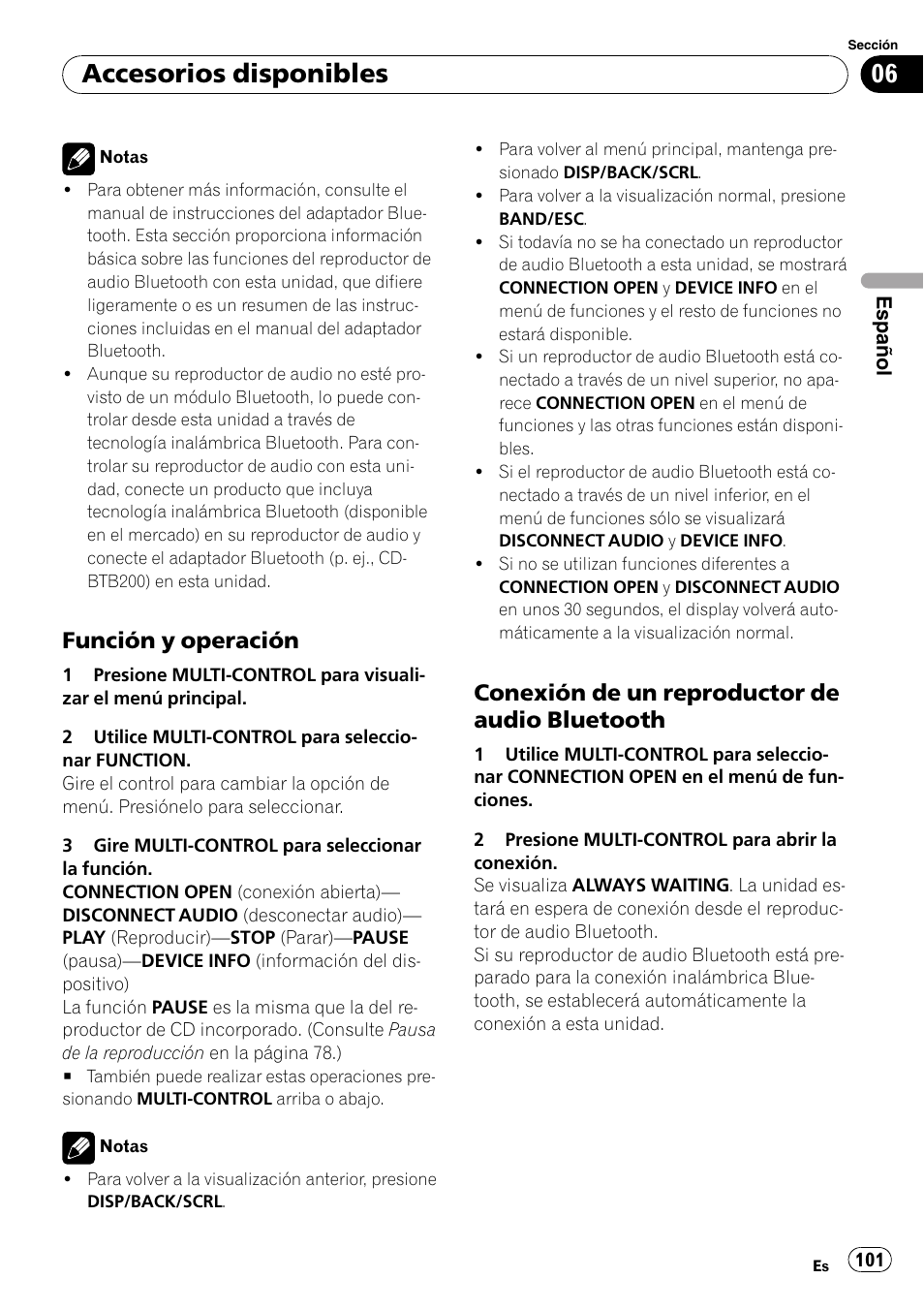 Función y operación 101, Conexión de un reproductor de audio, Bluetooth | Accesorios disponibles, Función y operación, Conexión de un reproductor de audio bluetooth | Pioneer DEH-P3100UB User Manual | Page 101 / 127