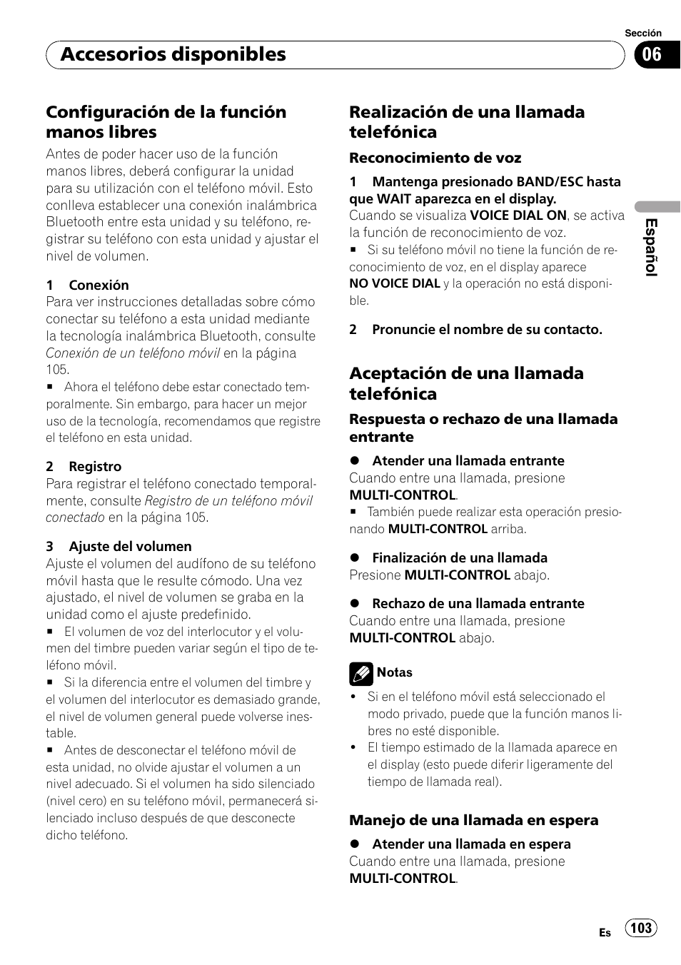 Configuración de la función manos, Libres, Realización de una llamada | Telefónica, Aceptación de una llamada, Accesorios disponibles, Configuración de la función manos libres, Realización de una llamada telefónica, Aceptación de una llamada telefónica | Pioneer DEH-P3100UB User Manual | Page 103 / 127