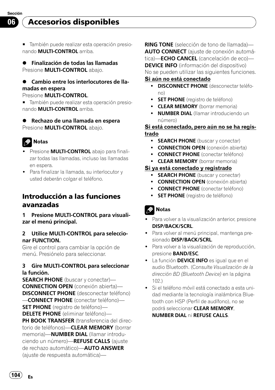 Introducción a las funciones, Avanzadas, Accesorios disponibles | Introducción a las funciones avanzadas | Pioneer DEH-P3100UB User Manual | Page 104 / 127