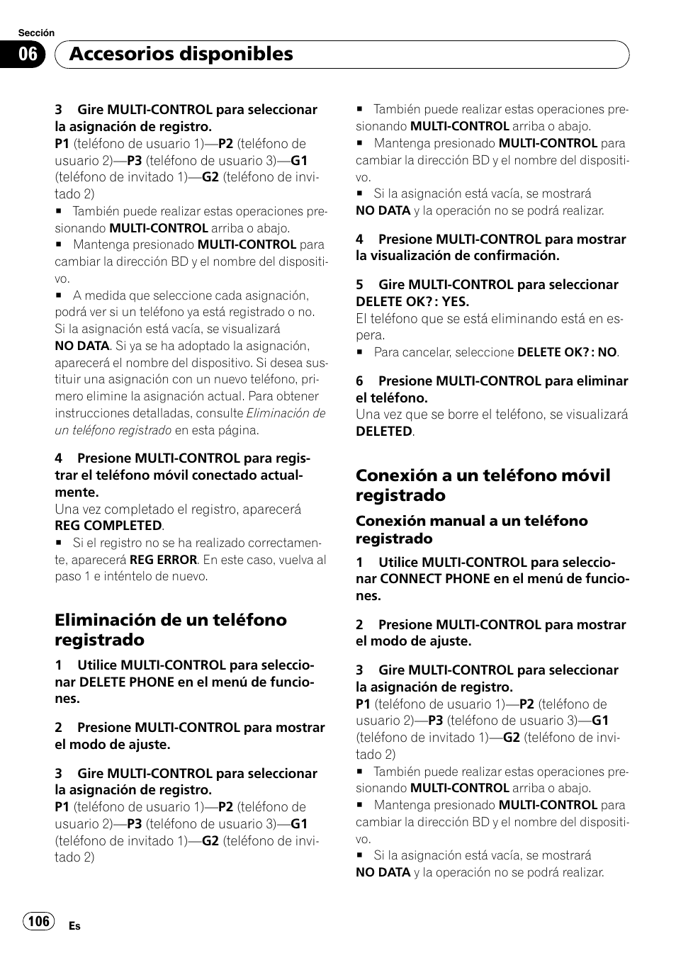 Eliminación de un teléfono, Registrado, Conexión a un teléfono móvil | Accesorios disponibles, Eliminación de un teléfono registrado, Conexión a un teléfono móvil registrado | Pioneer DEH-P3100UB User Manual | Page 106 / 127