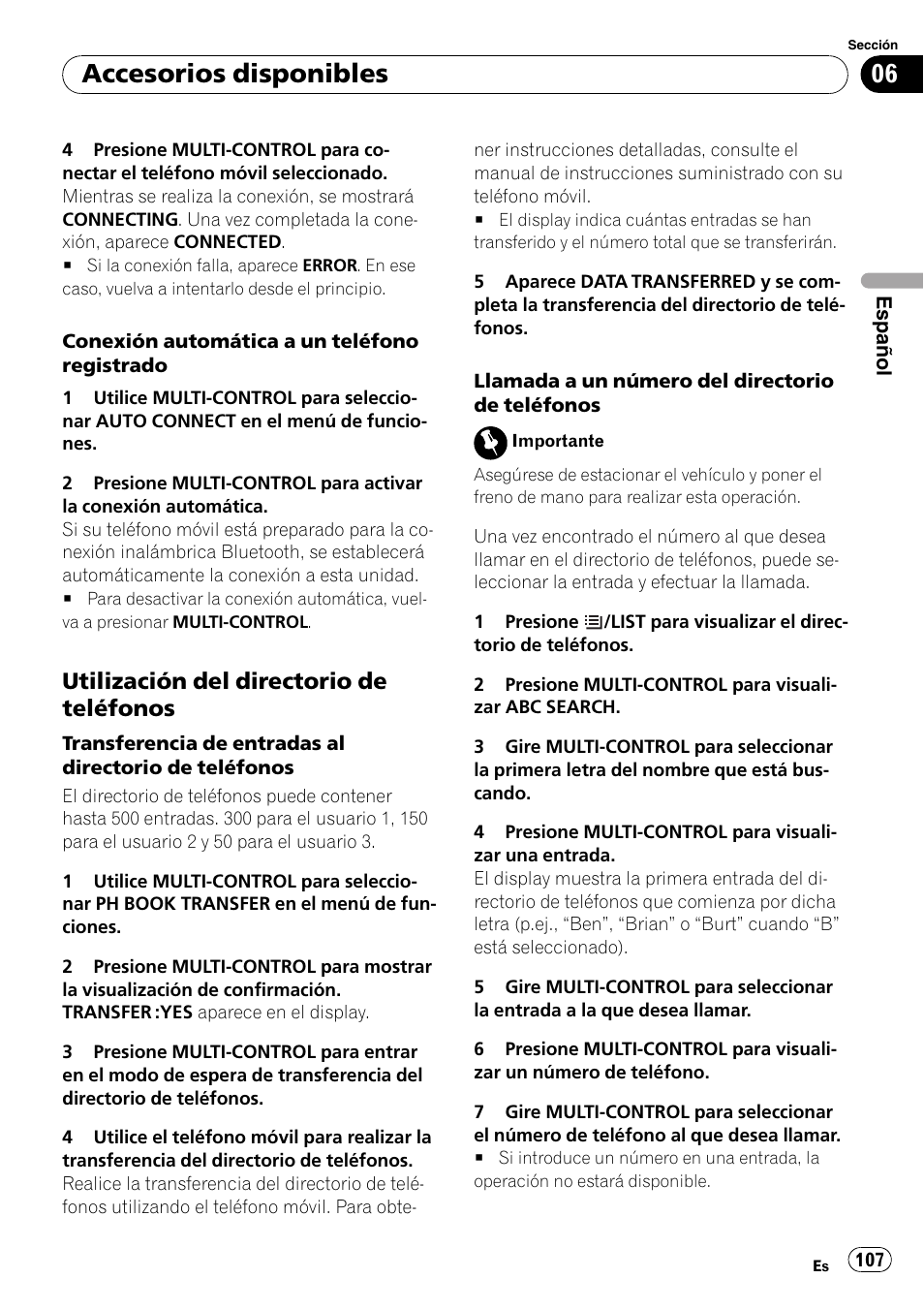Utilización del directorio de, Teléfonos, Accesorios disponibles | Utilización del directorio de teléfonos | Pioneer DEH-P3100UB User Manual | Page 107 / 127